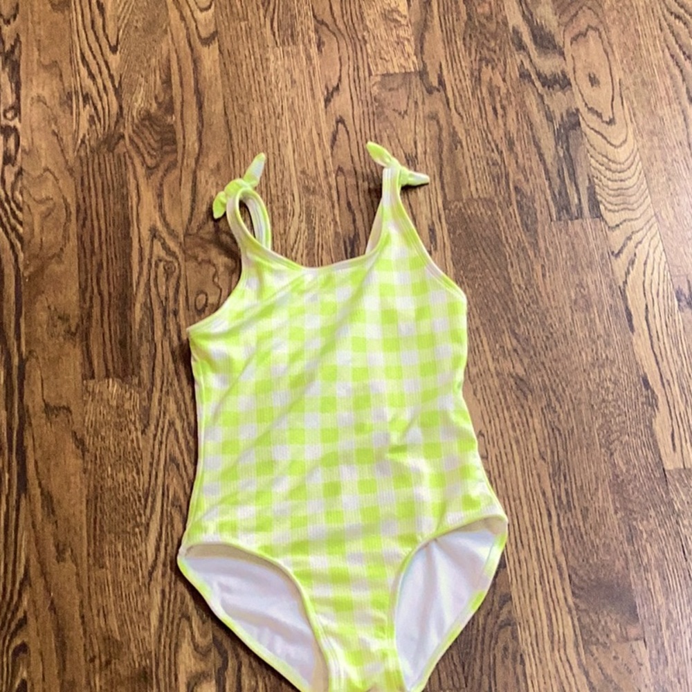 A one swimsuit, lime, green, white checkered